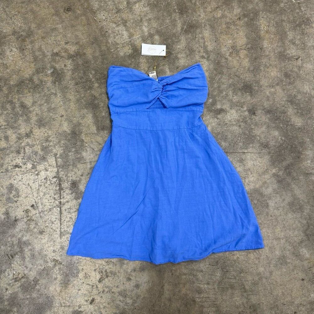 Blanco Royal blue 100% cotton linen strapless dress - Picture 5 of 8